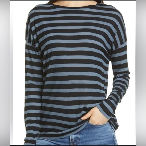 Vince Drop Shoulder Stripe Tee Long Dolman Sleeve Women’s Size Small Blue Black - Picture 1 of 7